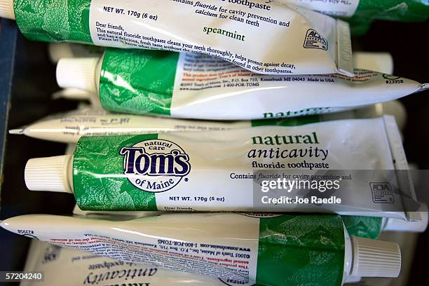 Tom's of Maine toothpaste is seen on a shelf March 28, 2006 in Kennebunk, Maine. Colgate-Palmolive Company announced recently that it's buying Tom's...