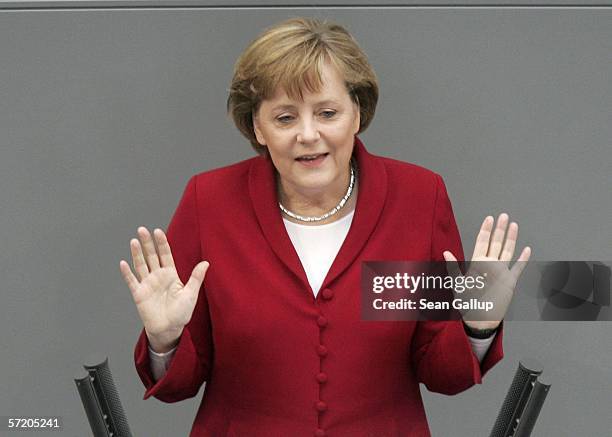 German Chancellor Angela Merkel defends her government's record during debates at the Bundestag March 19, 2006 in Berlin, Germany. Merkel, who took...