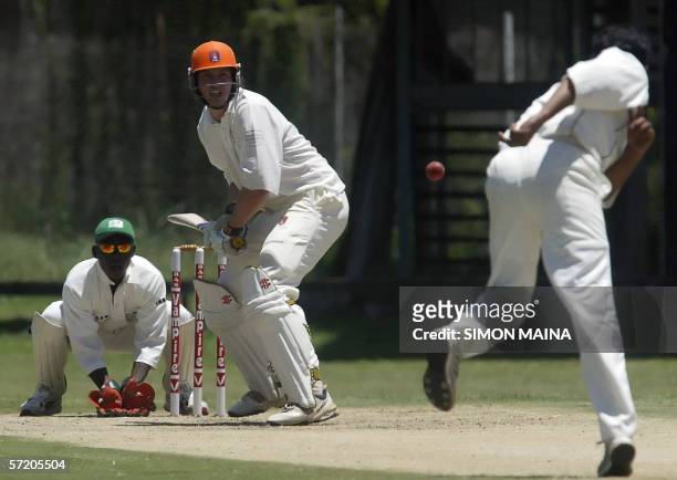 Dutch batsman Daan Van Bunge prepares to hit a six as Kenyan bowler Steve Tikolo bowls 29 March 2006 during the first day of the match between Kenya...