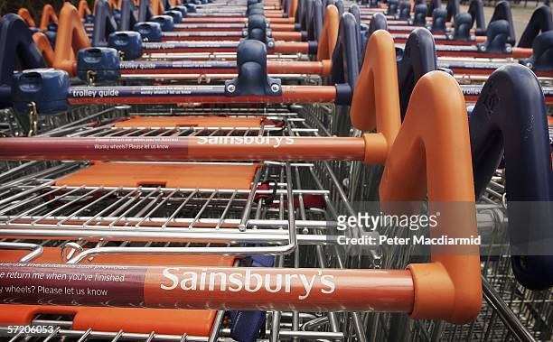 Shopping trolleys are seen at Sainsbury's in Cobham on March 29, 2006 in Surrey, England. Sainsbury's has posted better than expected sales increases...