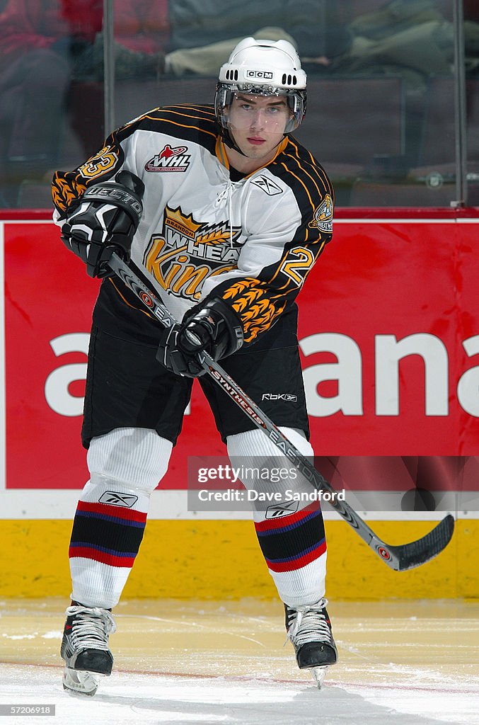 Codey Burki of the Brandon Wheat Kings makes a pass during the skills ...