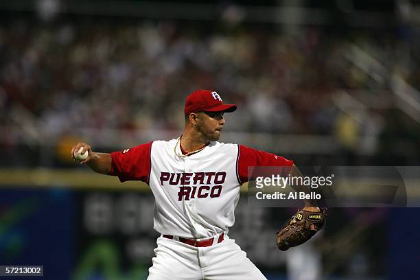 Javier Vazquez of Puerto Rico throws a pitch during the Round 1 game against Panama at the World Baseball Classic at Hiram Bithorn Stadium on March...