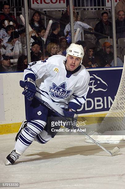 Brendan Bell of the Toronto Marlies skates against the Syracuse Crunch at Ricoh Coliseum on February 17, 2006 in Toronto, Ontario, Canada. Syracuse...