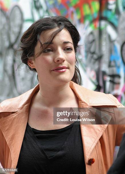 Mary Poppins star Laura Michelle Kelly poses with a seven-foot angel figure at a photocall to launch the Global Angels charity's Step Up campaign,...