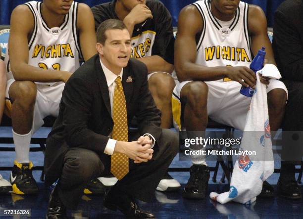 Head coach Mark Turgeon of the Wichita State Shockers watches the action against the George Mason Patriots during the Regionals of the NCAA Men's...