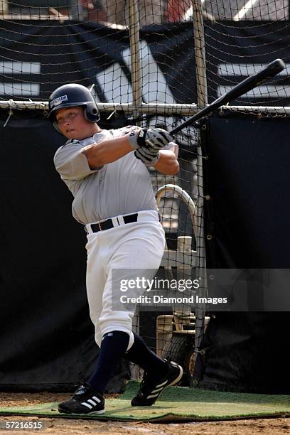 Catcher Robbie Alcombrack, from Bear River High School in Grass Valley, California, in the batting cage during the practice session for the AFLAC...