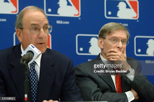 Senator George J. Mitchell and Commissioner Allan H. "Bud" Selig speak during a press conference on steroid use in Major League Baseball March 30,...