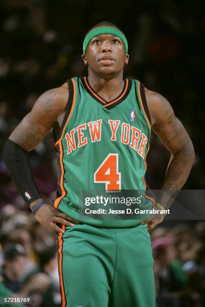 Nate Robinson of the New York Knicks is on the court during the game against the Detroit Pistons on March 17, 2006 at Madison Square Garden in New...