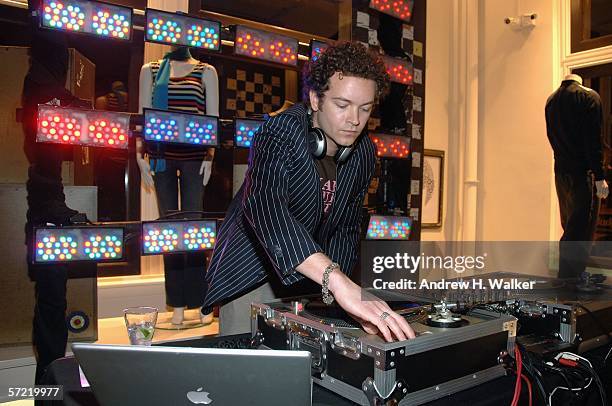 Donkey Pizzle, a.k.a. Danny Masterson, spins music at the launch of Ben Sherman's first official U.S. Flagship Store on March 30, 2006 in New York...