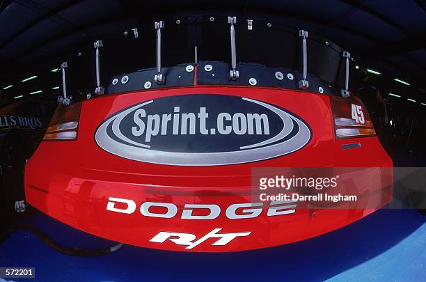 View of Kyle Petty's Dodge Intrepid as it sits in the garage taken during the Talladega 500 presented by NAPA, part of the NASCAR Winston Cup Series...