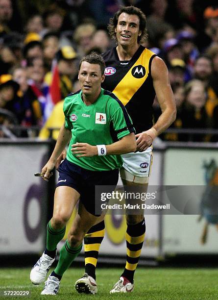Matthew Richardson for the Tigers is penalised by Umpire Brett Rosebury during the round one AFL match between the Western Bulldogs and the Richmond...