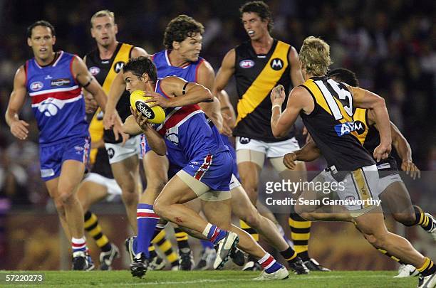 Daniel Giansiracusa for the Bulldogs in action during the round one AFL match between the Western Bulldogs and the Richmond Tigers at the Telstra...