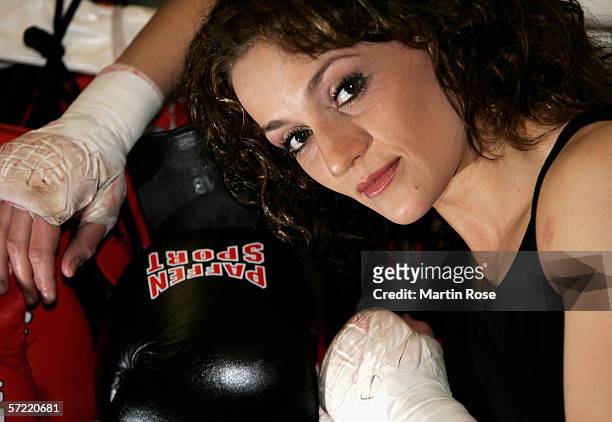 Ina Menzer of Germany poses during the photocall on March 30, 2006 in Hamburg, Germany. The WIBF Featherweight Championship fight between Ina Menzer...
