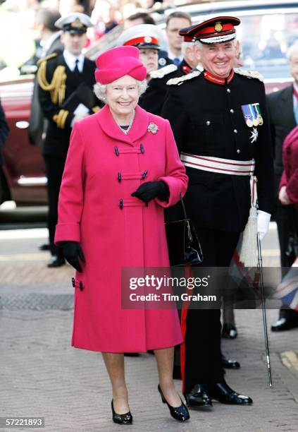 Queen Elizabeth II meets servicemen outside the Church of St Mary after a service of thanksgiving to celebrate the 800th anniversary of the Royal...