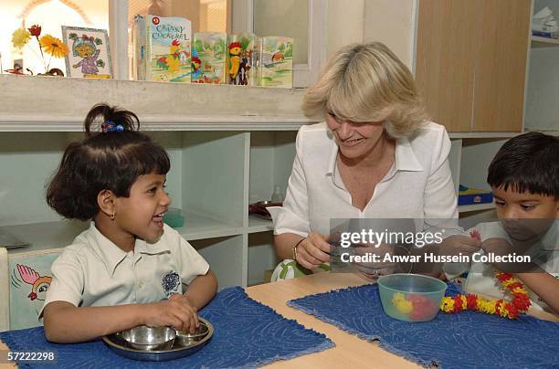 Camilla, Duchess of Cornwall joins a class at the Montessori Palace School in Jaipur on the final day of a 12 day official tour visiting Egypt, Saudi...