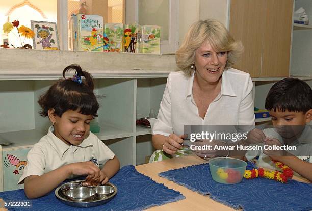 Camilla, Duchess of Cornwall joins a class at the Montessori Palace School in Jaipur on the final day of a 12 day official tour visiting Egypt, Saudi...