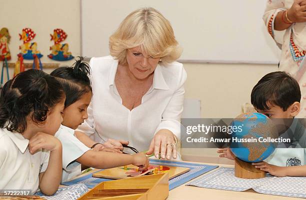 Camilla, Duchess of Cornwall joins a class at the Montessori Palace School in Jaipur on the final day of a 12 day official tour visiting Egypt, Saudi...