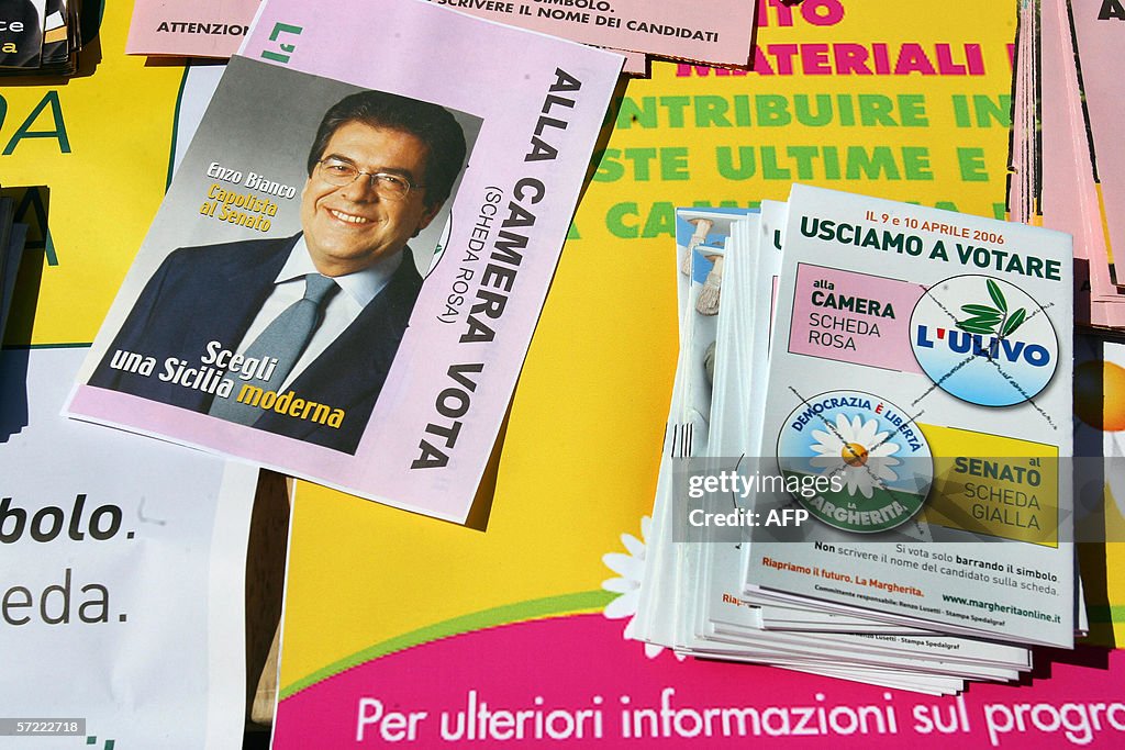 Lefflets Leaflets of Romano Prodi's leftist alliance are pictured in Catania ...