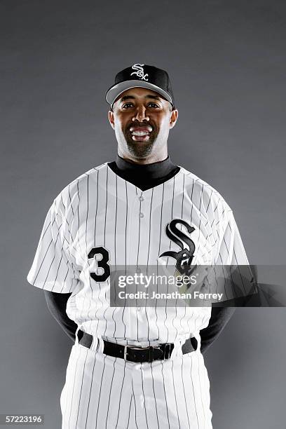 First Base Coach Harold Baines poses for a portrait during the Chicago White Sox Photo Day on February 26, 2006 at Tuscon Electric Park in Tucson,...