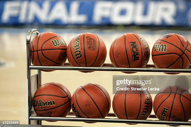 The ball rack is seen on the court during practice the day before the Final Four on March 31, 2006 at the RCA Dome in Indianapolis, Indiana.