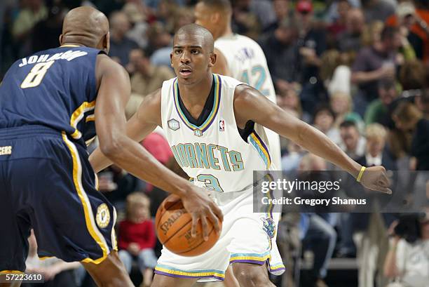 Chris Paul of the New Orleans/Oklahoma City Hornets defends against the Indiana Pacers on March 10, 2006 at the Ford Center in Oklahoma City,...