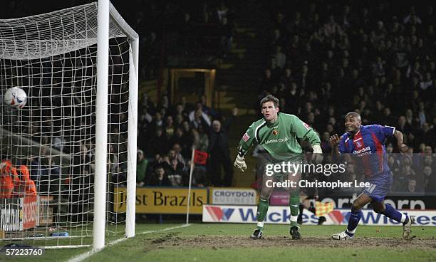 Goalkeeper Ben Foster of Watford watches the ball go into the net as Watford score an own goal during the Coca-Cola Championship match between...