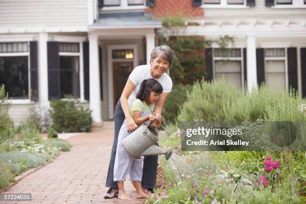 woman and child watering garden - grandmother gardening stock pictures, royalty-free photos & images