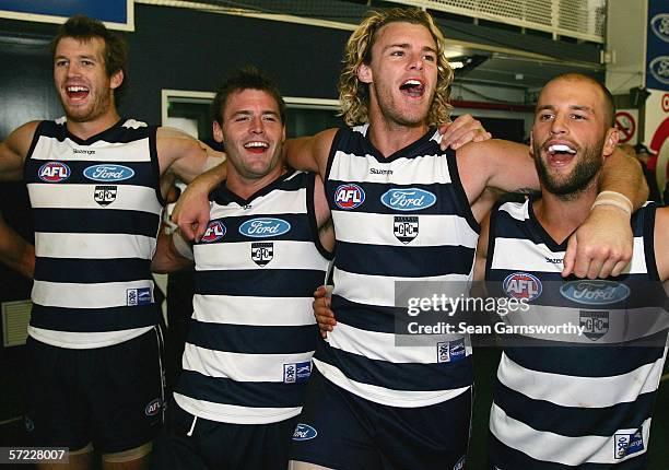 Geelong players celebrate winning the round one AFL match between the Geelong Cats and the Brisbane Lions at Skilled Stadium April 1, 2006 in...