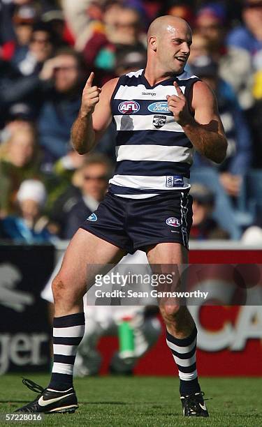 Paul Chapman for Geelong celebrates a goal during the round one AFL match between the Geelong Cats and the Brisbane Lions at Skilled Stadium April 1,...