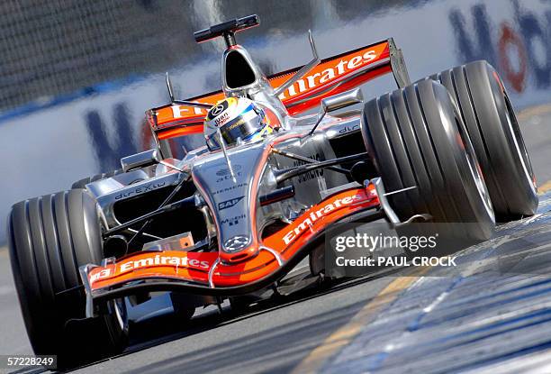 Juan Pablo Montoya of Colombia runs wide in his McLaren Mercedes on to the ripple strips during qualifying for the Australian Formula One Grand Prix...