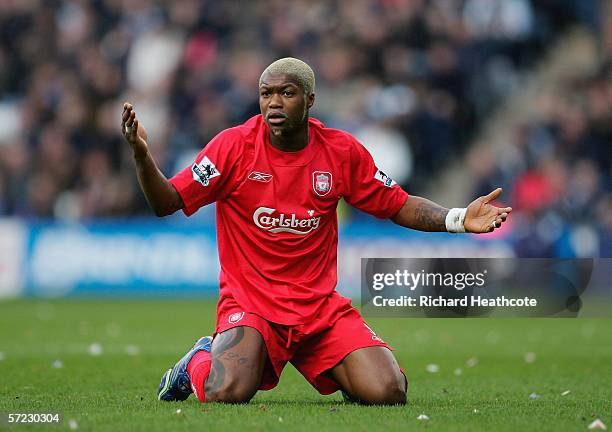 Djibril Cisse of Liverpool gestures during the Barclays Premiership match between West Bromwich Albion and Liverpool at the Hawthorns on April 1,...