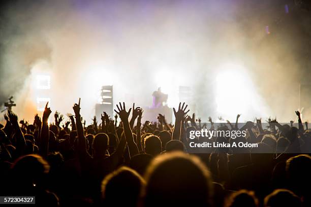 fans with raised arms at music festival - crowd devices ストックフォトと画像