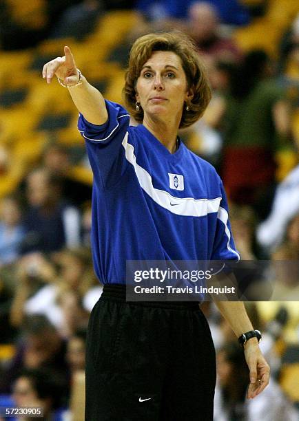 Head coach Gail Goestenkors of the Duke Blue Devils gives instructions to her players during practice before the 2006 NCAA Women's Final Four...