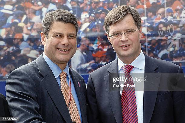 Victorian state Premier Steve Bracks and Dutch Prime Minister Jan Peter Balkenende pose together during their visit to the Australian Formula One...