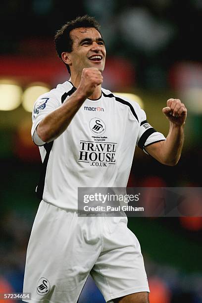Roberto Martinez of Swansea City celebrates after Swansea City's 2-1 victory during The Football League Trophy Final match between Carlisle United...