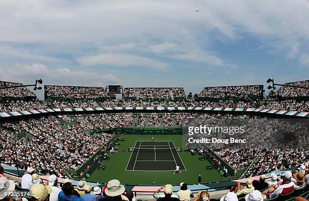 An ovehead view of Stadium court as Roger Federer of Switzerland and Ivan Ljubicic of Croatia play in the men's final of the Nasdaq-100 Open at the...