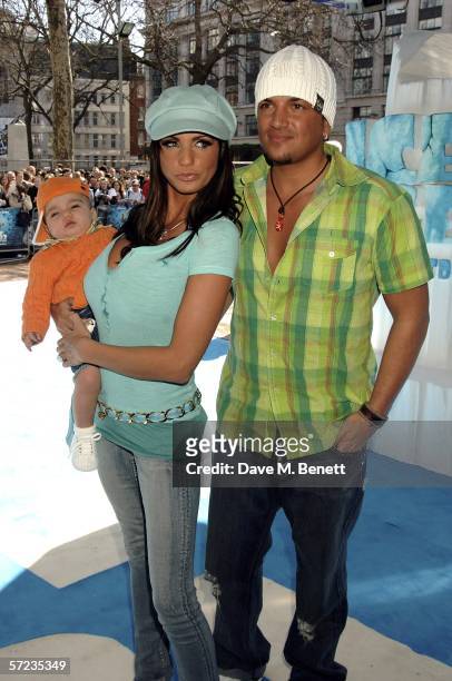 Model Jordan and husband singer Peter Andre with their son Junior arrive at the UK Premiere of 'Ice Age 2: The Meltdown' at the Empire Leicester...