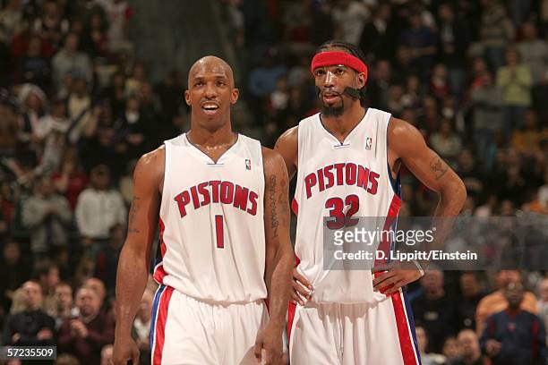 Chauncey Billups and Richard Hamilton of the Detroit Pistons speak to one another in a game against the Phoenix Suns on April 2, 2006 at the Palace...