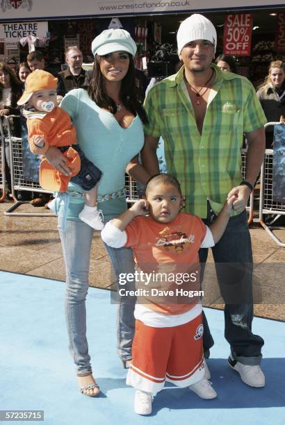 Model Jordan and husband singer Peter Andre with their sons Junior and Harvey arrive at the UK Premiere of 'Ice Age 2: The Meltdown' at the Empire...