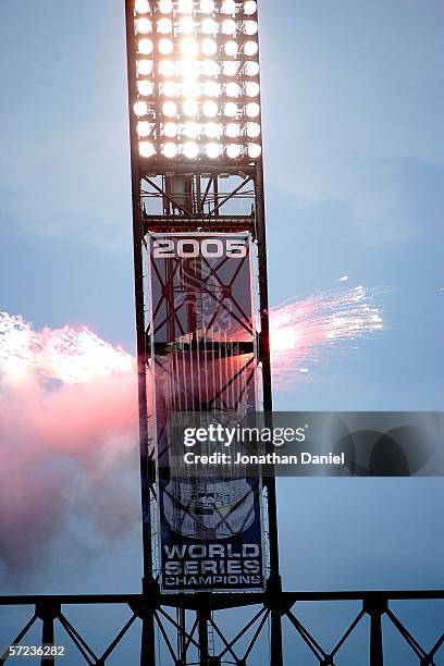 The Chicago White Sox unveil their World Series Championship banner prior to the start of the Opening Day game against the Cleveland Indians on April...