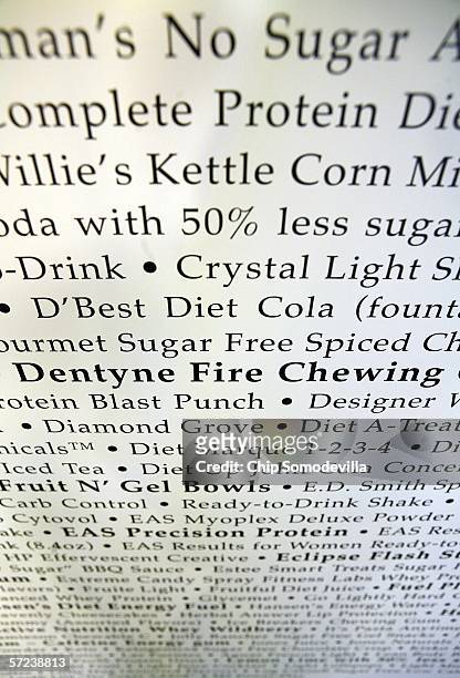 The names of hundredes of consumer products that use sucralose, or Splenda, are listed on posters during a press conference at the National Press...