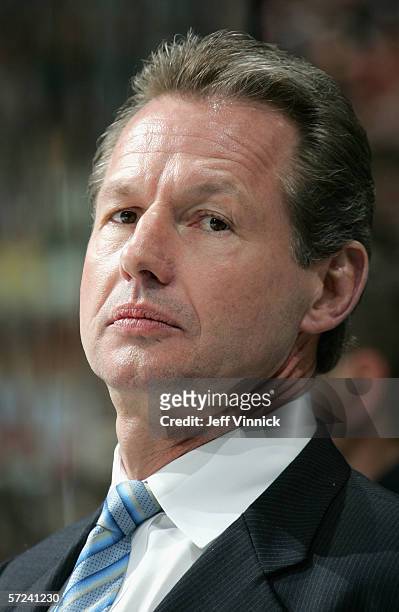 Head coach Mike Kitchen of the St. Louis Blues looks on during the NHL game against the Vancouver Canucks at General Motors Place on March 5, 2006 in...