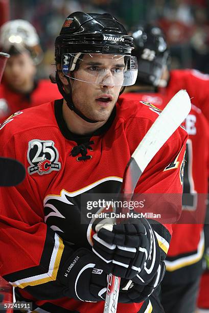 Matthew Lombardi of the Calgary Flames looks on during a break in game action against the Buffalo Sabres on January 21, 2006 at the Pengrowth...