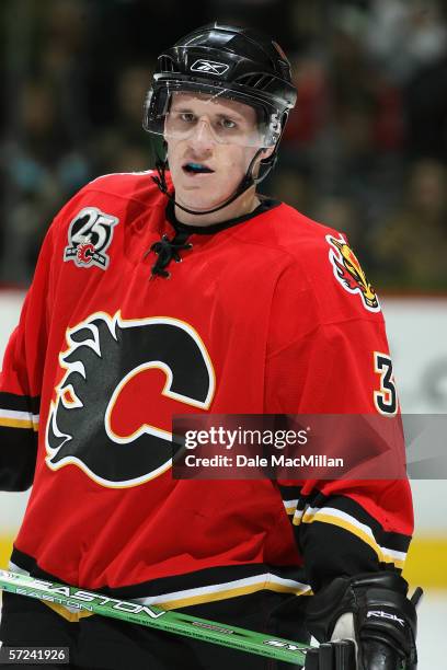 Dion Phaneuf of the Calgary Flames skates against the Buffalo Sabres on January 21, 2006 at the Pengrowth Saddledome in Calgary, Alberta, Canada. The...