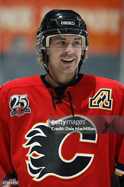 Rhett Warrener of the Calgary Flames skates against the Buffalo Sabres on January 21, 2006 at the Pengrowth Saddledome in Calgary, Alberta, Canada....