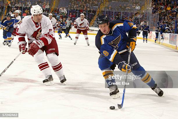 Scott Young of the St. Louis Blues controls the puck against Sean O'Donnell of the Phoenix Coyotes on January 26, 2006 at the Savvis Center in St....