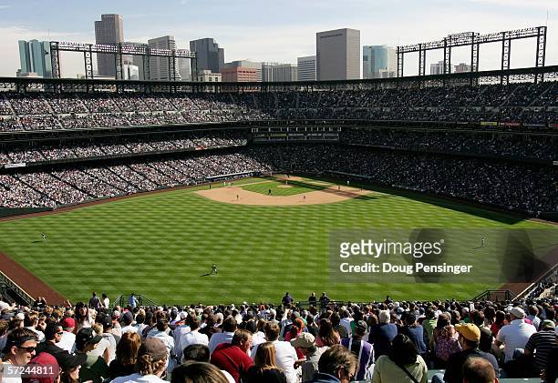 Fans sit in the "Rock Pile" bleachers at Coors Field on opening day April 3, 2006 in Denver, Colorado. The Colorado Rockies defeated the Arizona...