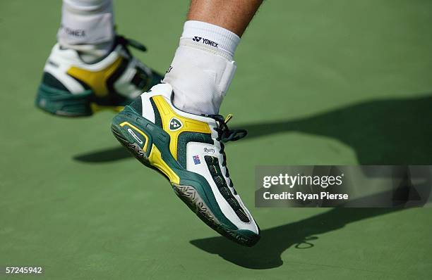 General view of Lleyton Hewitt's custom made Yonex Tennis shoes during the Australian Davis Cup Team practice session at Kooyong Tennis Club April 4,...