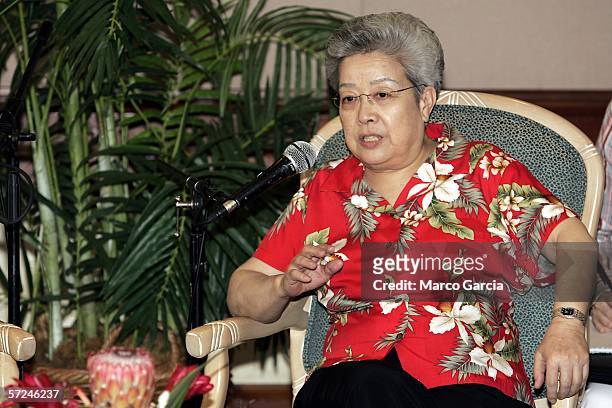 China's Vice Premier Wu Yi speaks at a press conference at the Hilton Hawaiian Village Resort in Waikiki, April 2006 in Honolulu, HI. The Vice...