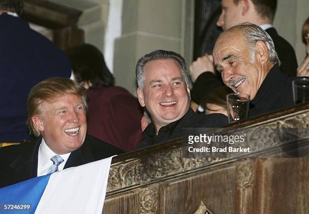 Donald Trump, First Minister of Scotland Jack McConnell and Sean Connery talk at the Johnnie Walker Dressed to Kilt fashion show at St John Divine...